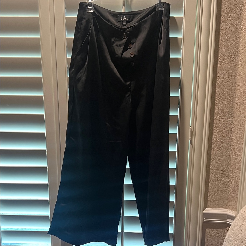 Lulu's Black Satin Button-Down Blouse